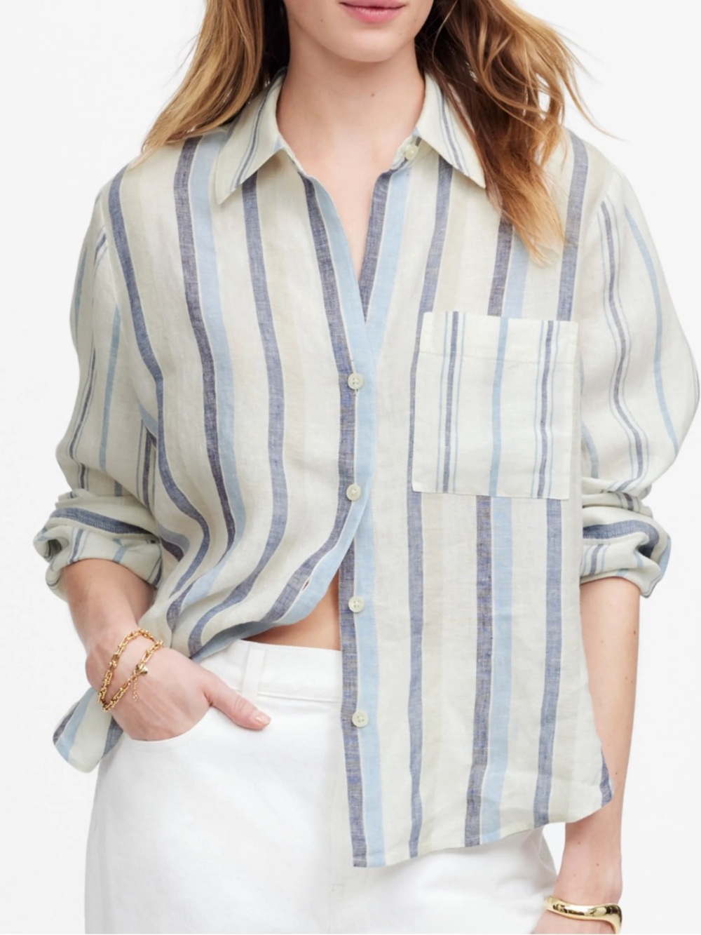 Madewell Blue-White Striped All Linen Button-Down Shirt M Coastal beach Vaca